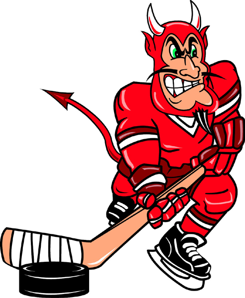 Devil hockey player mascot full color vinyl sports decal. Customize on line. Devil Hockey